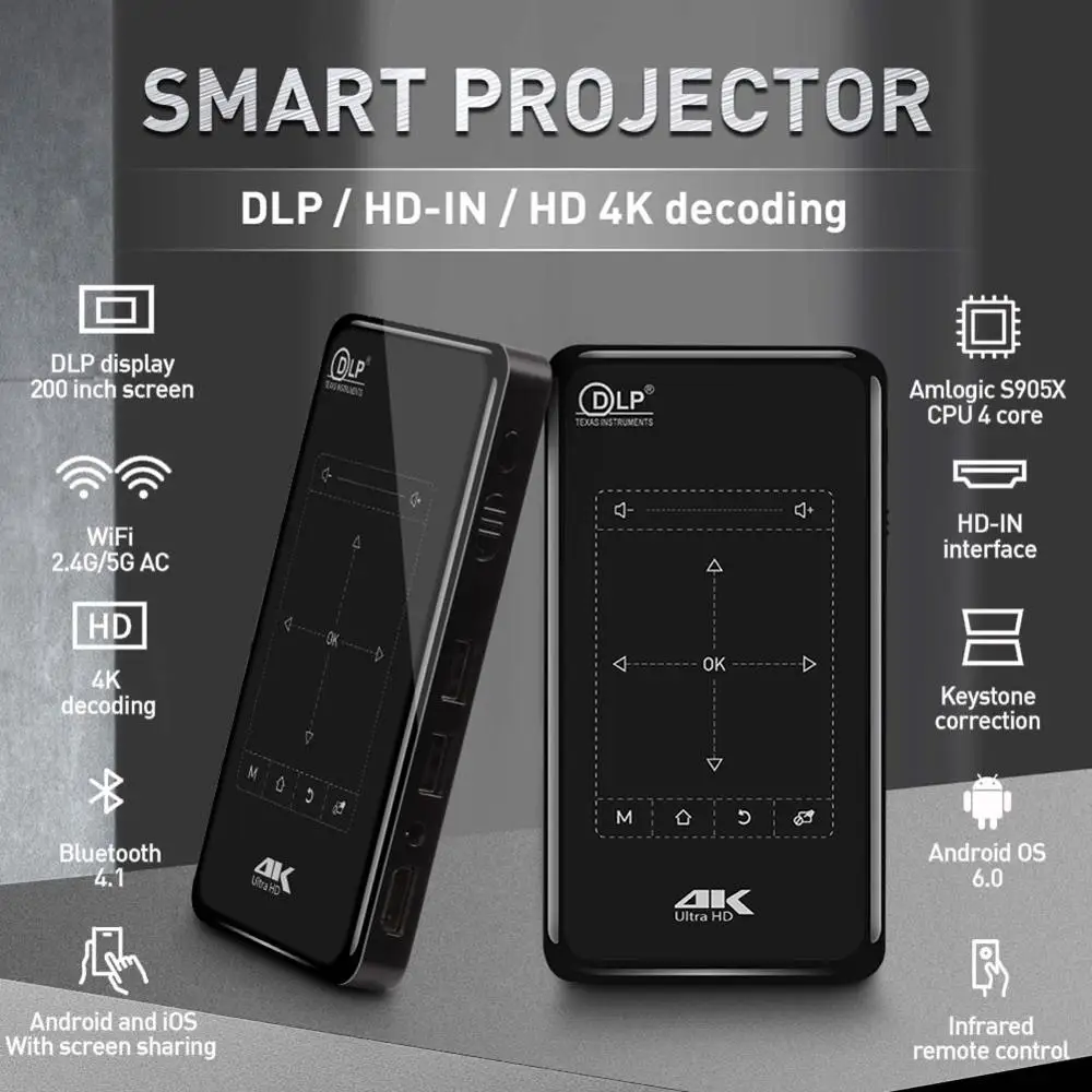

HD 4K Smart Wireless DLP Mini Projector Android WiFi Bluetooth 1080P 8G Home Theater HDMI Smart Touch Panel 2.4G wifi US Plug