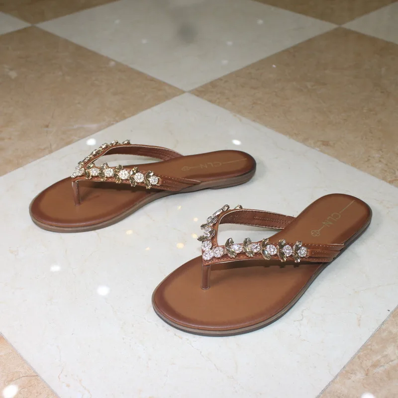 

CLN Diamond Chain Flip-flop Flip-flops Women's Flat Diamond Slipper Rub Color Retro Style