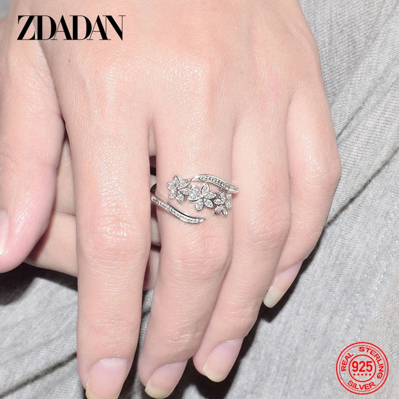Silver Ring ZDADAN 925 Sterling Silver Adjustable Open CZ Flowers Ring for Women