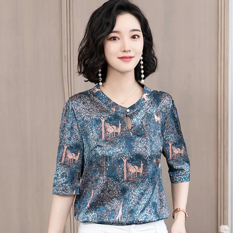 

Korean Silk Women Blouses Woman Print Blouse Tops Summer Women Floral Blouses Shirt Lady Top Plus Size Blusas Femininas Elegante