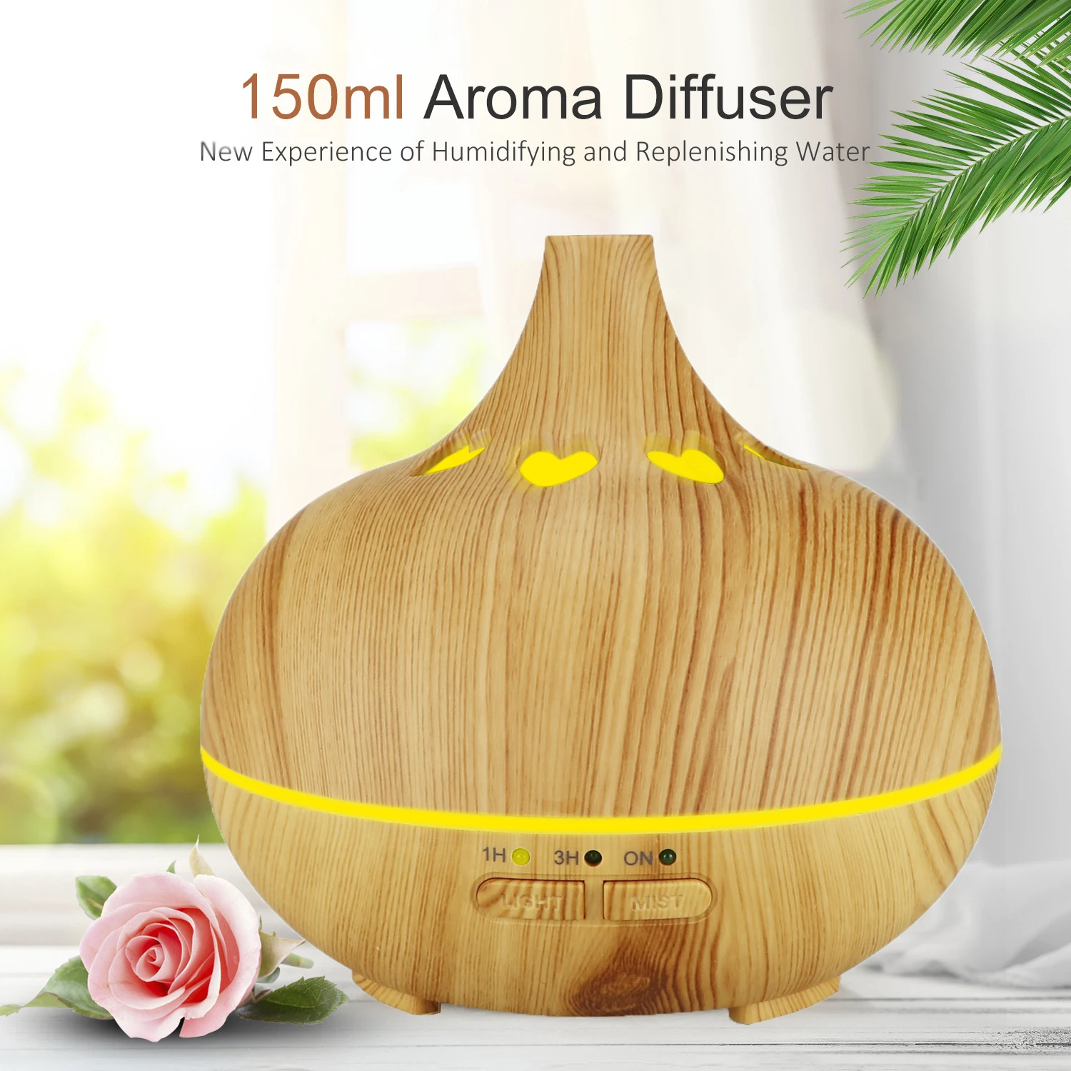 

Wood Grain 150ml Ultrasonic Air Humidifier Aroma Essential Oil Diffuser with 7 Color Changing LED Lights for Office Home
