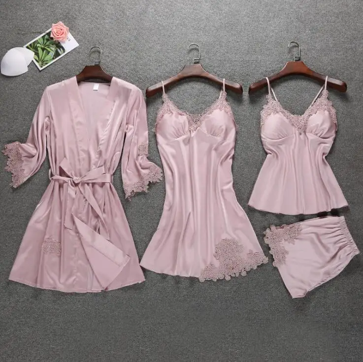 Pink Шелковая пижама, женская пижама с подушками на груди,, спагетти ремень, пижама для сна, атласная пижама, 4 штуки, женские пижамы, наборы - Цвет: Pink