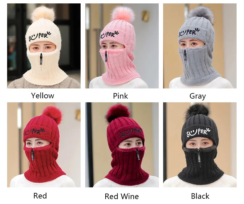 Женские зимние вязаные шерстяные шапки Skullies, теплая бархатная шапка с нагрудником, Женская ветрозащитная шапка с рукавом, кашемировые наушники