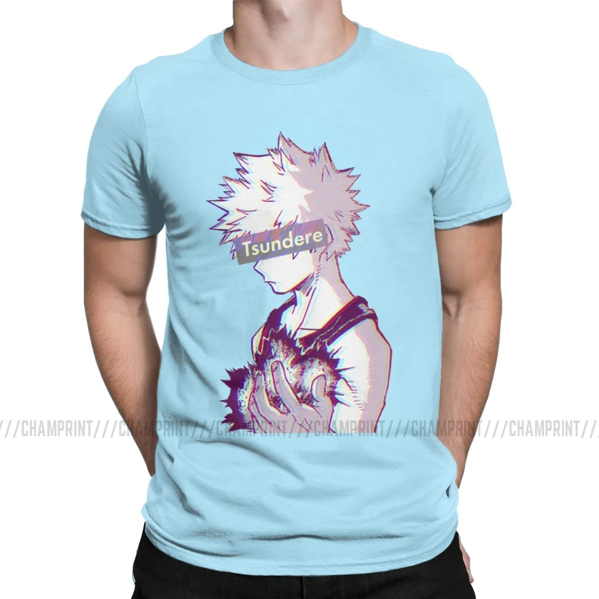 Футболки Tsundere Bakugo Boku No Hero Academy, мужские хлопковые футболки, манга izku All Might, аниме, футболки с коротким рукавом, 4XL, 5XL, 6XL, Топ - Цвет: Небесно-голубой