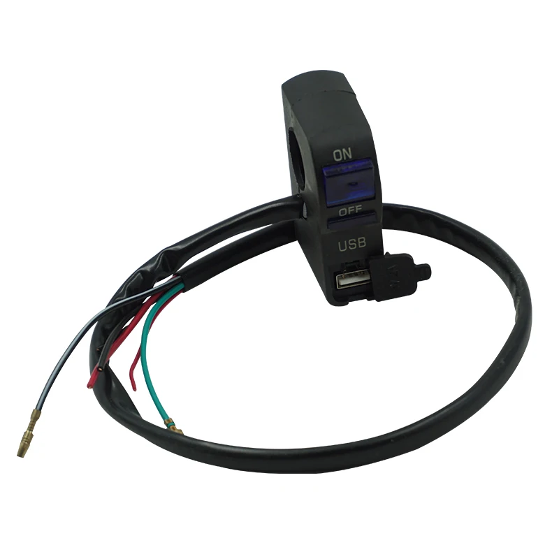 Universal 22mm 7/8" Motorcycle Handlebar Switch Start Flameout ON OFF Button With USB LED Charger 5 Wire Connector
