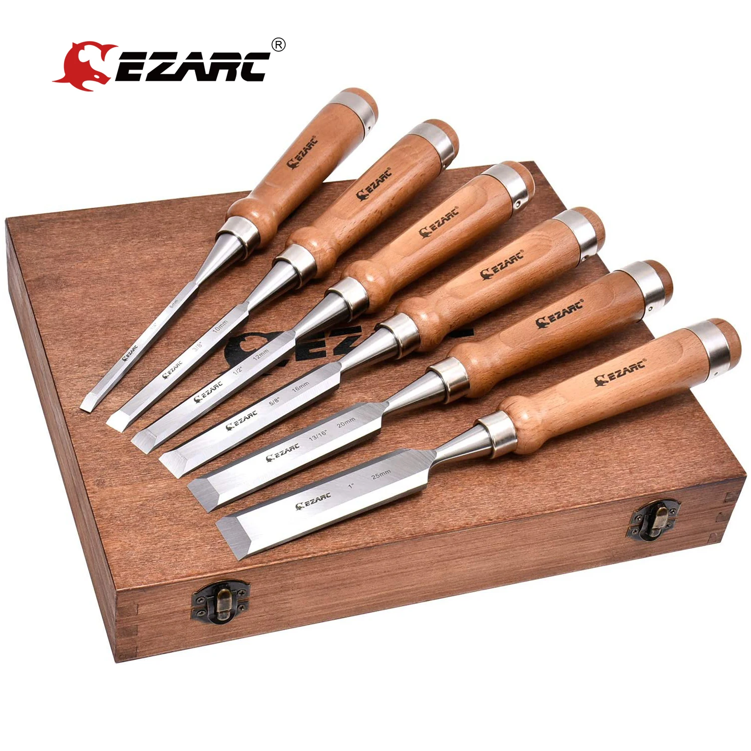 EZARC Wood Chisel Tool Sets 6 Pieces Chrome Vanadium and Hard Ashtree Handle Woodworking Chisel Kit with Premium Wooden Case