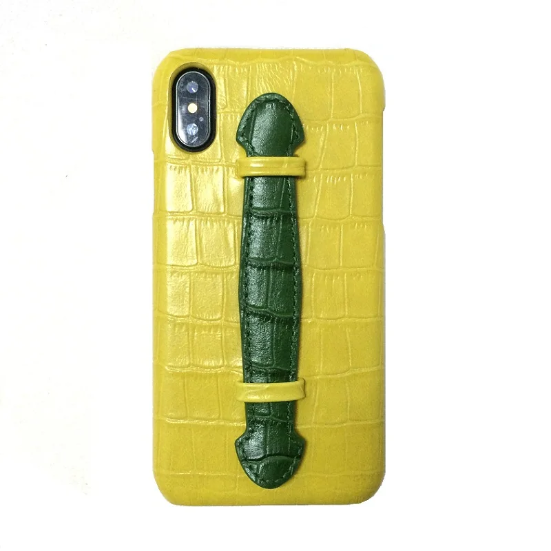 Yellow-Green Case Желтый чехол-держатель из натуральной кожи на ремешке для iPhone X XS Max 10 7 8 Plus, роскошный тонкий жесткий чехол из крокодиловой кожи разных цветов - Цвет: Yellow-Green Case