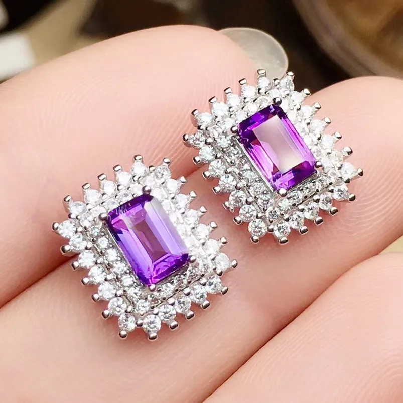 Природный натуральный аметист блестящие серьги-гвоздики 925 серебро 0.6ct* 2шт драгоценный камень для мужчин или женщин# R98501