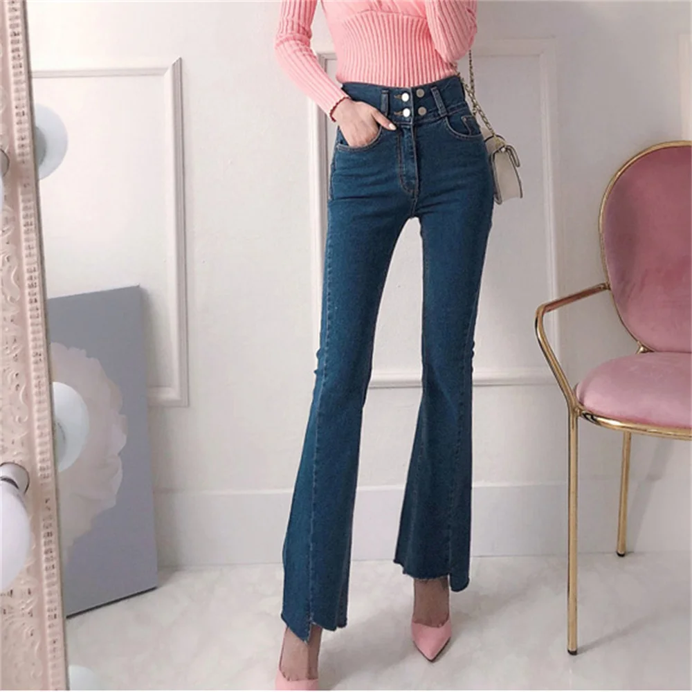 Blue Tassel Denim Flare Pants Slim Jeanswear Elastic Hole Hot OL High Waist Autumn Chic Women New Stylish Trousers