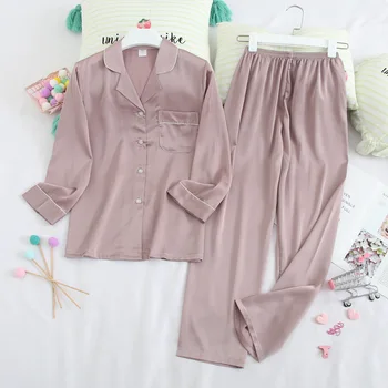 

Pajamas Suit Casual Women Nightgown Pyjamas Set Long Sleeve Thin Home Clothes Couple Silky 2PCS Satin Sleepwear Kimono Bath Gown