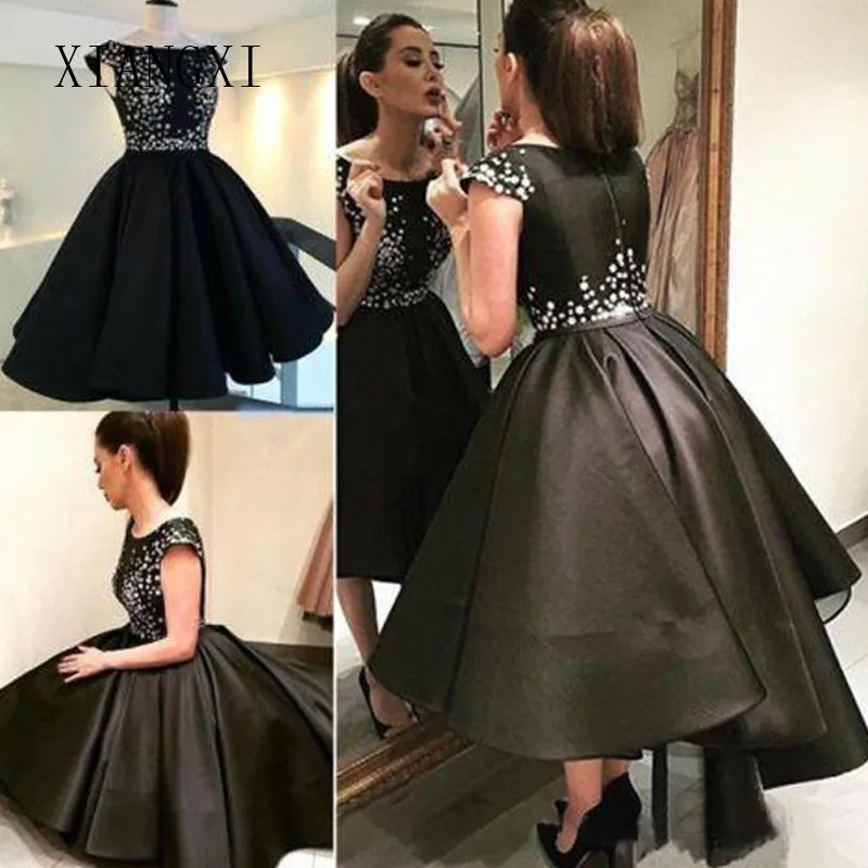 Robe De Soiree черные платья для выпускного вечера атласные с круглым вырезом без рукавов Короткие вечерние платья для вечера встречи выпускников платья