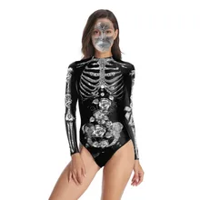 Черный обтягивающий комбинезон костюм для костюмированой Вечеринки На Хэллоуин эластичный наряд женский H6 женский боди винтажный скелет Роза пугающий костюм с принтом