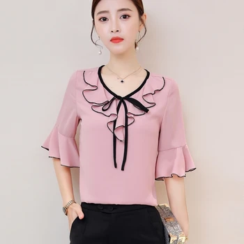 

Banerdanni 2020 New Lotus leaf splice Bow Women Blouse Summer Flare sleeve Slim Chiffon Blouses office Elegant lady Tops