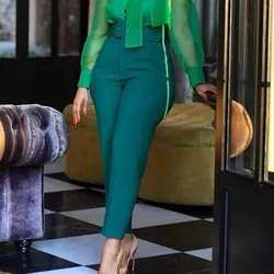Pantalon taille haute avec ceinture pour femmes, tenue élégante et féminine, pour le bureau, à la mode, de grande taille africaine, de couleurs unies, en vert, en jaune, en rose, nouveauté 