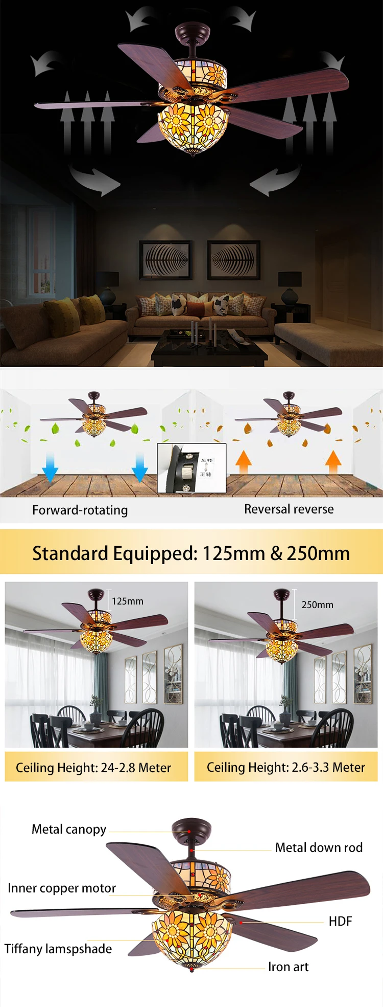 Decorative Fancy Pendant Tiffany Electrical Remote Control Ceiling Fan With Light