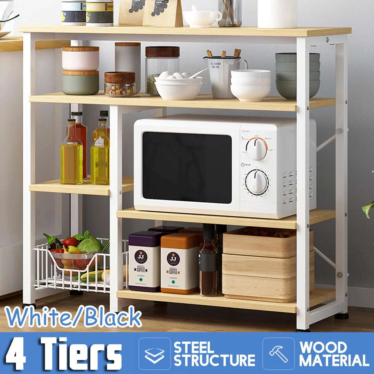 

4 Tiers Kitchen Storage Shelf Solid Wood+Steel Microwave Shelf Rack Dishes Spice Organizer Storage Holder Book Shoes Shelves