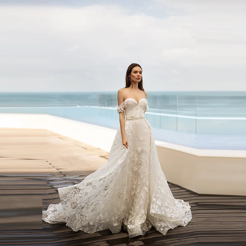 

Delicate Slim Mermaid Lace Sweetheart Bride Wedding Dresses Off Shoulder Sleeves Bridal Gowns Back Out with Detachable Train