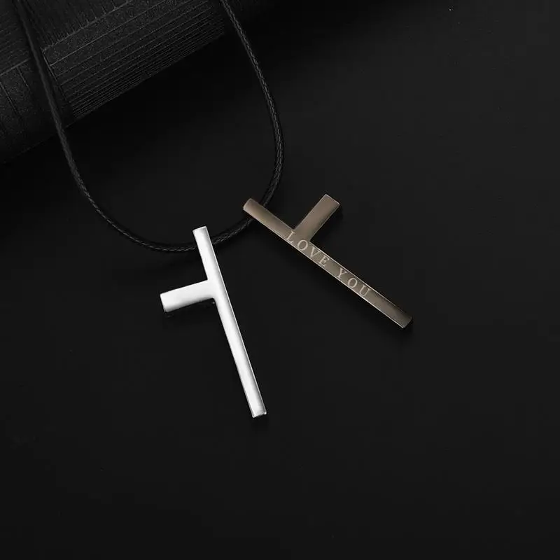 Jiayiqi Unique Cross Couple Necklace Love YOU Pendant Necklace Stainless Steel Men Women Trendy Jewelry Valentine Day Party Gift