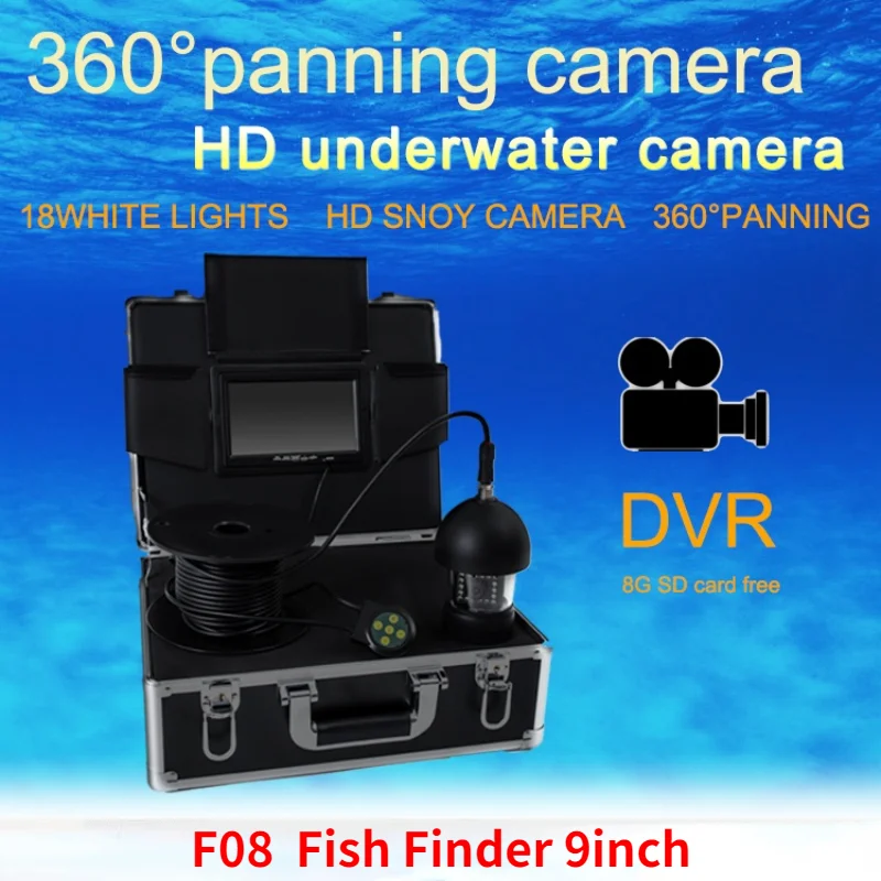F08 Fish Finder Underwater Fishing Camera 9inch LCD Display 360 Rotating Video Monitor 20/50/100M Cable Deeper Fish Finder