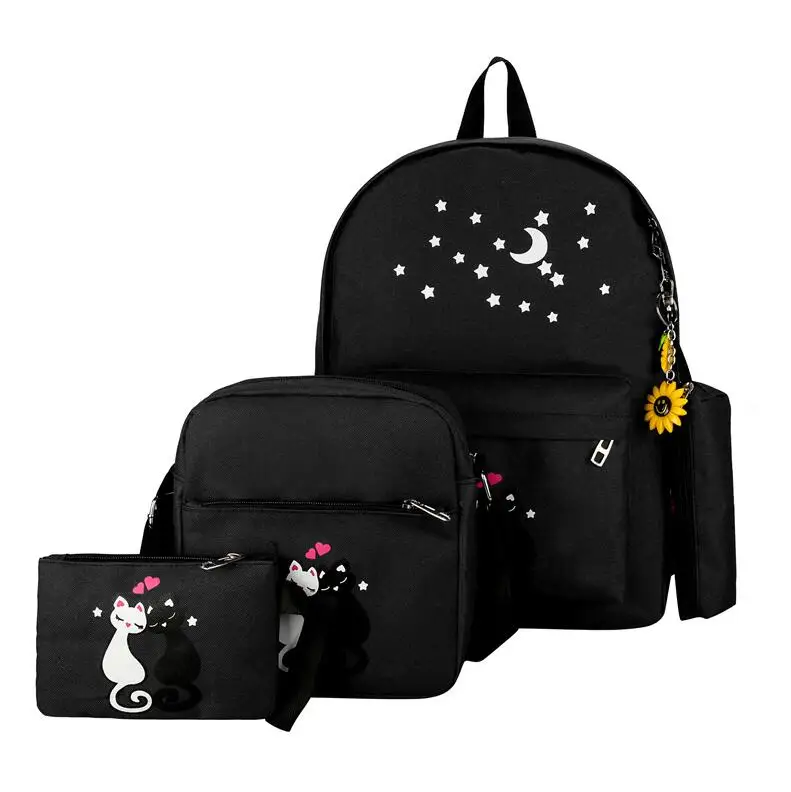 Yogodlns 4 шт./компл. холщовый женский рюкзак школьный с принтом милого кота школьная сумка-рюкзак для девочек-подростков Sac a Dos Mochila - Цвет: Black