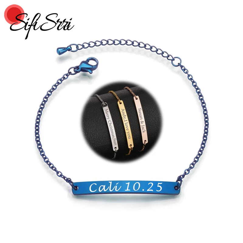 

Sifisrri Custom Name Date ID Bar Bracelet For Women Stainless Steel Adjustable Link Chain Bracelets Personalized Jewelry Gift