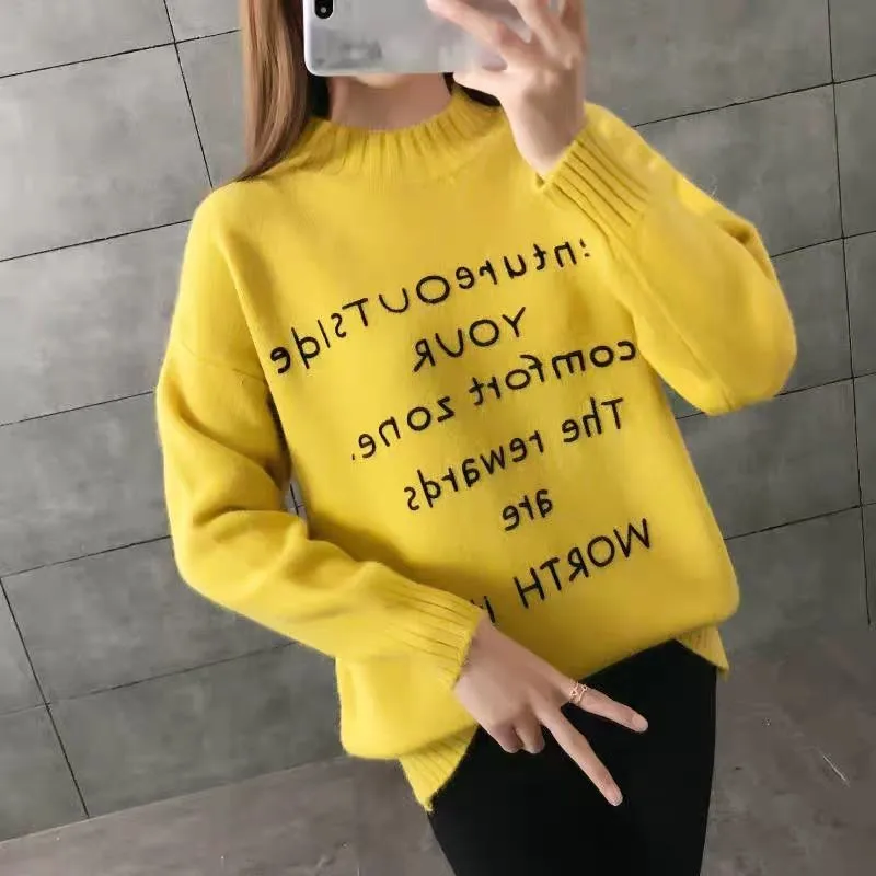 yellow Корейские осенне-зимние новинки, вязаные свитера с надписью «ленивый стиль», свободные пуловеры с высоким воротником, милые мягкие Mujer Invierno 45569 - Цвет: yellow