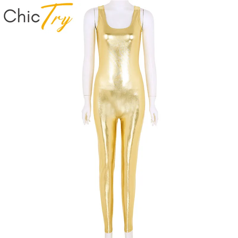 

ChicTry Shiny Metallic Sleeveless U-neck Tight Catsuit Ballet Leotard Women Gymnastics Unitards Bodysuit Jumpsuit Dance Costume