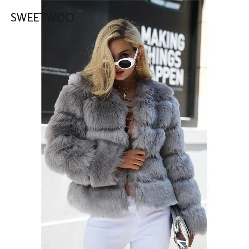 Vintage Fluffy Faux Fur Coat Women Short Furry Fake Fur Winter Outerwear Pink Coat 2021 Autumn Casual Party Overcoat
