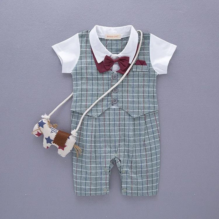 

Summer BOY'S Gentleman Short Sleeved Kazakhstan Plaid Onesie/Crawling Clothes