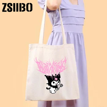

Kuromi printing Shopping Bag Graphic Tote Harajuku Shopper Bag Women Canvas Shoulder Bag Female Ulzzang Funny Eco Large-capacity