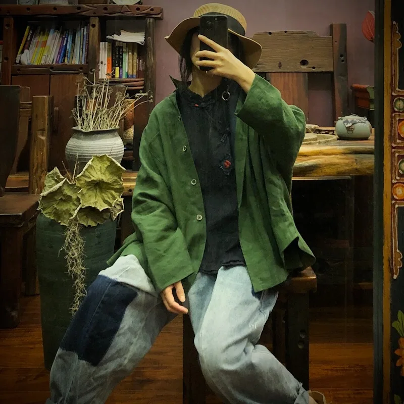 luo gu ni Origional Autumn Shirt Collar Linen Coat Have Lining 1565