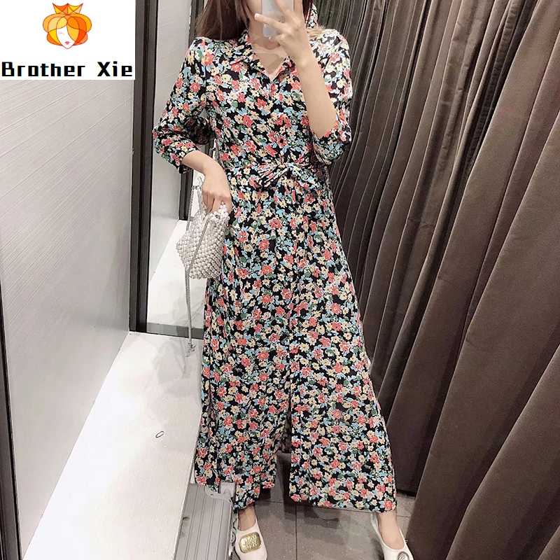 

Women Vintage Chic Floral Print Dress Three Quarter Sleeve Sashes Long Party Dress Casual Turn Down Collar Ladies Shirt Dresses