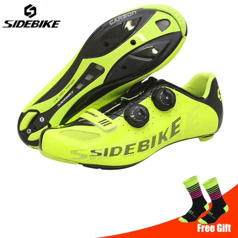 green add socks SIDEBIKE/велосипедная обувь для шоссейного велосипеда, комплект с педалью, подошва из углеродного волокна, Мужская велосипедная Спортивная дышащая обувь с самоблокирующимся верхом, обувь для гоночного велосипеда - Цвет: green add socks
