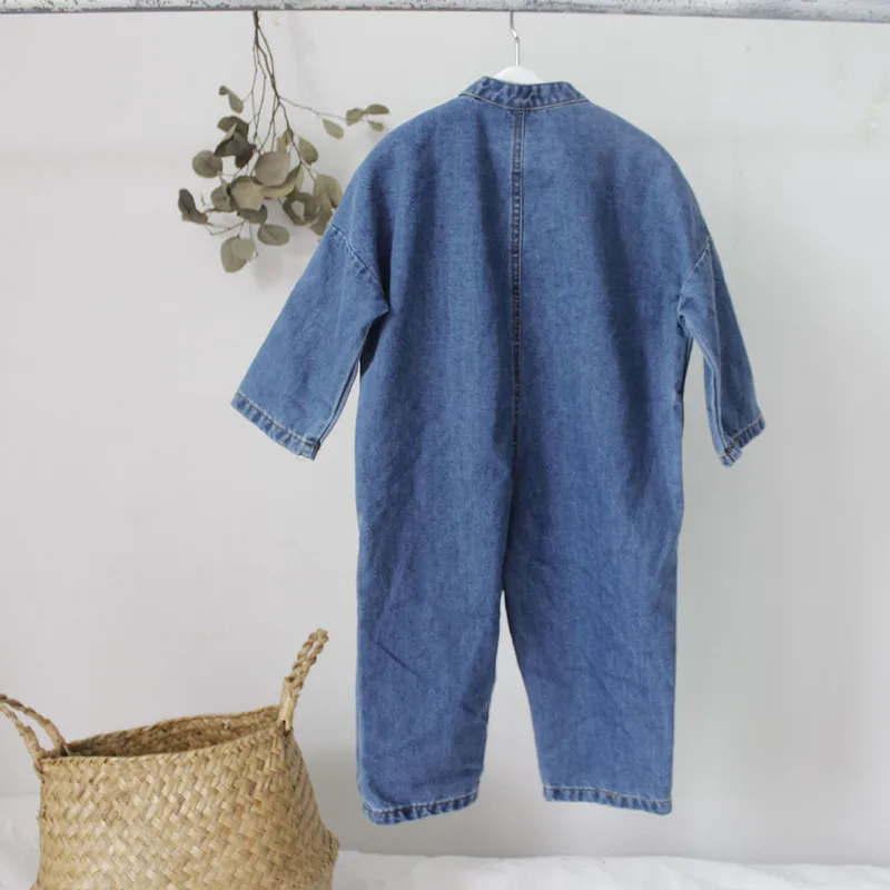 New Spring AutumUnisex Children Denim Jumpsuits Korean Style Chic Baby Boys Girls Overalls Soft Loose Trousers Kids Clothes