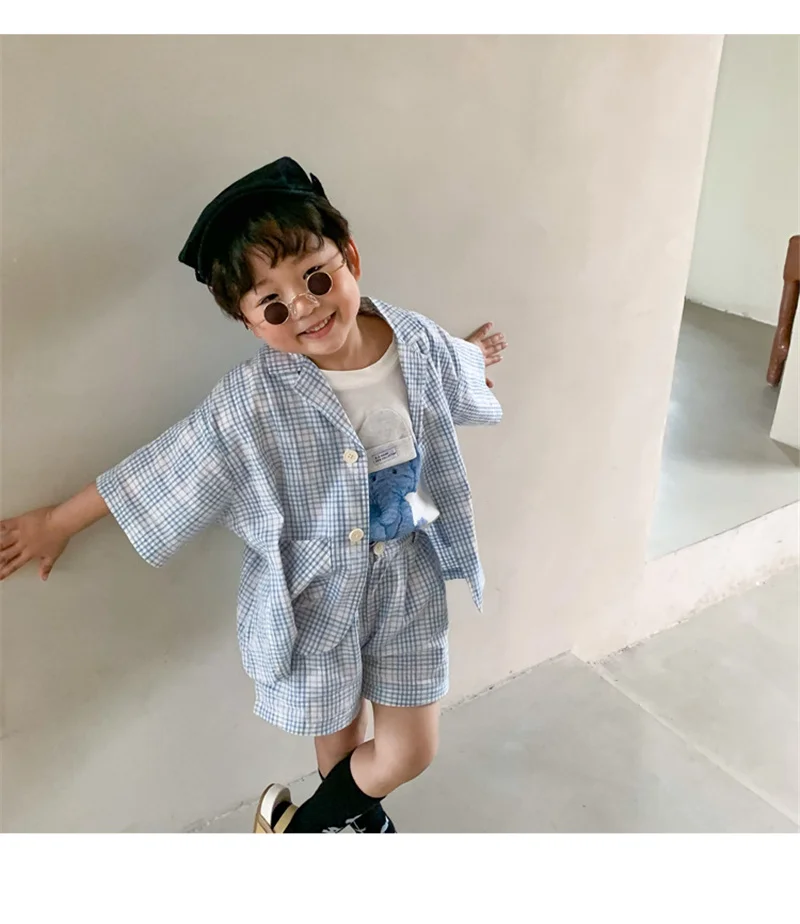 kid suits Boys and girls loose thin plaid clothes set short sleeve shirts and shorts 2pcs suits unisex children casual outfits baby suit