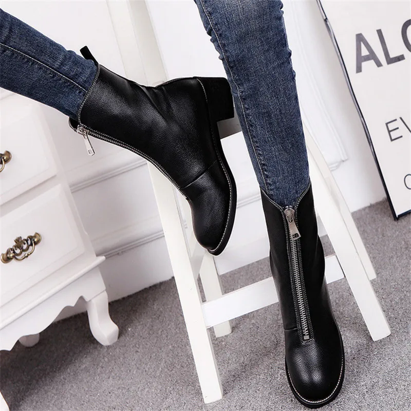 

New England Front Zipper Warm Short Boots Thick With Medium Short Tube Locomotive Martin Boots Single Boots Women