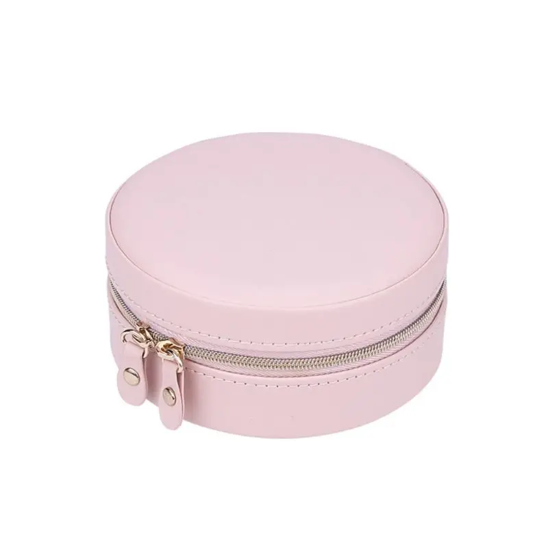 Портативная круглая шкатулка из искусственной кожи Ювелирные изделия Серьги Дисплей Органайзер ювелирные изделия коробка для хранения - Цвет: Розовый