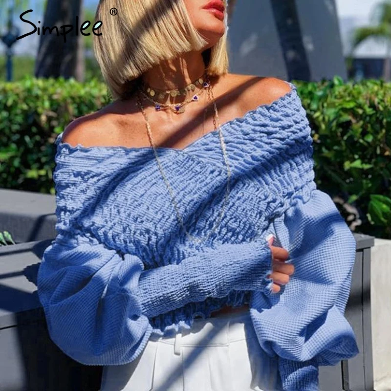 Simplee Сексуальная женская блузка с открытыми плечами рубашка буфами на рукавах