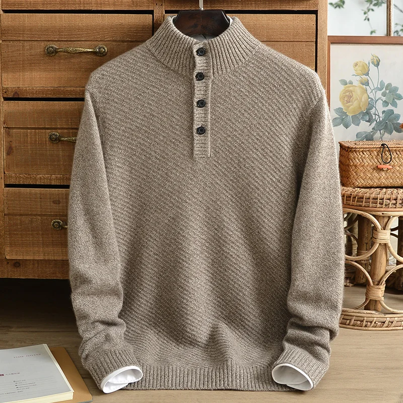 Winter 100% pure cashmere sweater men's button half-high collar middle-aged men's Japanese retro thick warm sweater pullover
