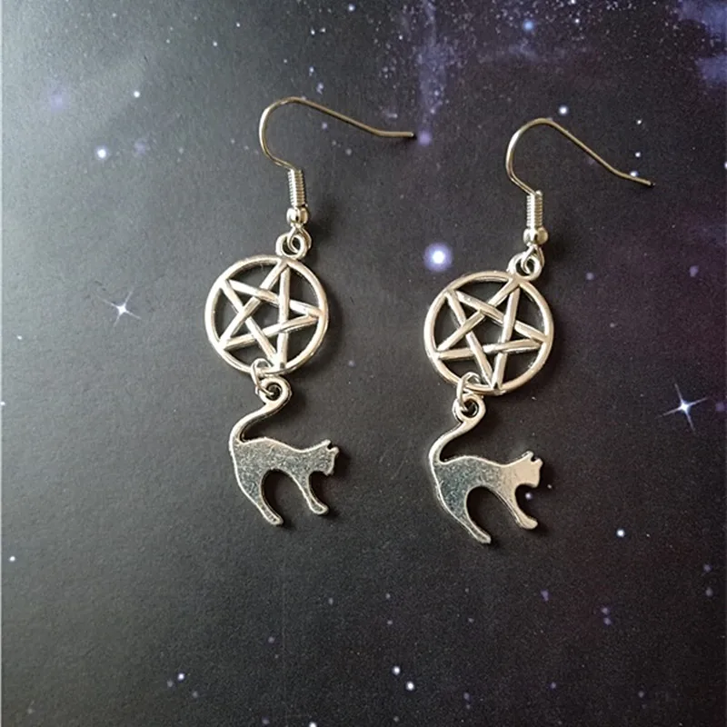 

Pentagram and Cat Earrings, Wiccan Earrings, Goth Earrings, Witch Earrings, Animal Jewelry, Pentacle Earrings