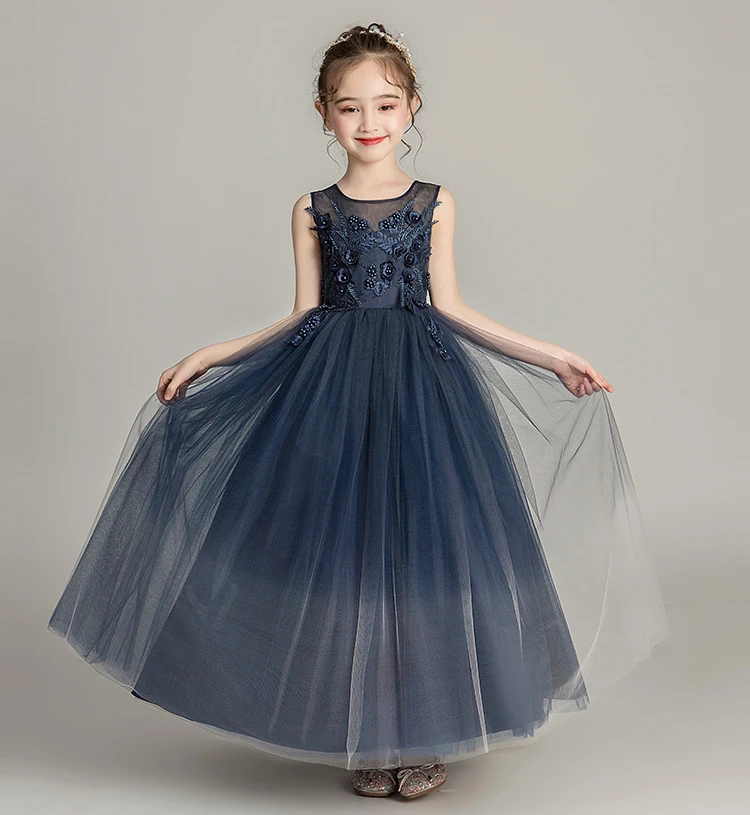 navyblue 3 Детские кружевные платья с вышивкой для первого причастия; блестящее бальное платье; платье для торжеств; Платья с цветочным узором для девочек на свадьбу; платье для банкета сзади - Цвет: navyblue 3