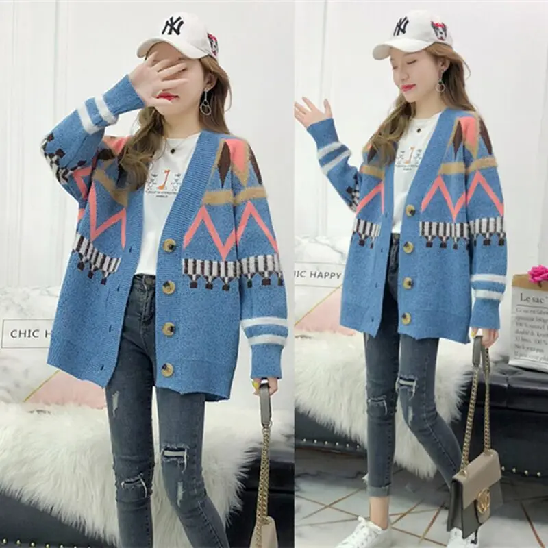 ^Cheap 2019 Autumn Winter Korean Womens Cardigan Thick Loose V-neck Clothes Single-breasted Fashion Long-sleeved Knit Sweater Coat