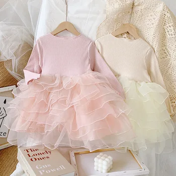 

Autumn Spring Baby Kids Dress Cotton Toddler Patchwork Dress Lace Bow Ruffles Party Dresses Girls Layered Baby Girl Clothes 1-6Y