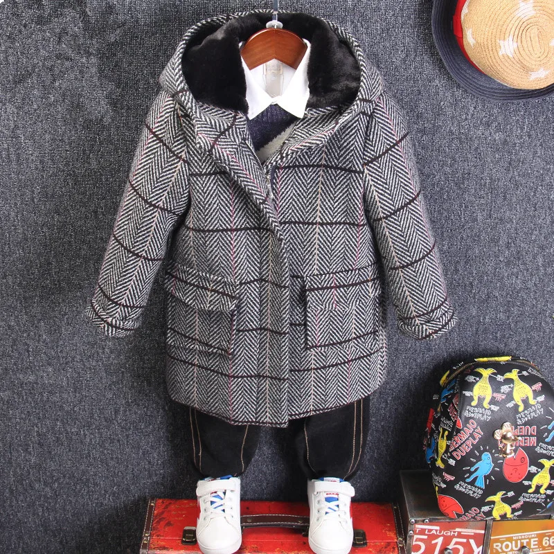Hot Sale Children's Woolen Coat Fall Winter Boys Casual Plaid Woollen Coat Male Kids Cotton Padded Hooded Outerwear Clothes B412