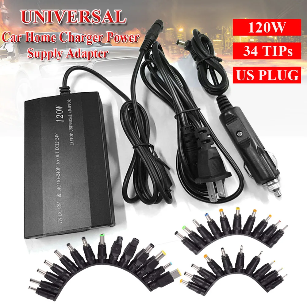 

US plug 34 tips Universal 120W Car Home Charger Power Supply Adapter for Laptop Notebook Power Adapter Car Accessories tool