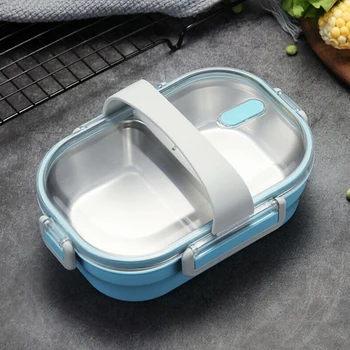 

Students Travel School Stainless Steel Office Lunch Box Kids 2 Grids Portable With Carry Strap Kitchen Food Container Leak-proof