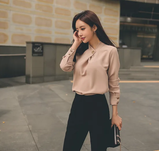 

2018 South Korea Debutante Fashion New Style Elegant Stand Collar Loose-Fit Chiffon Shirt Long Sleeve + WOMEN'S Pants Set