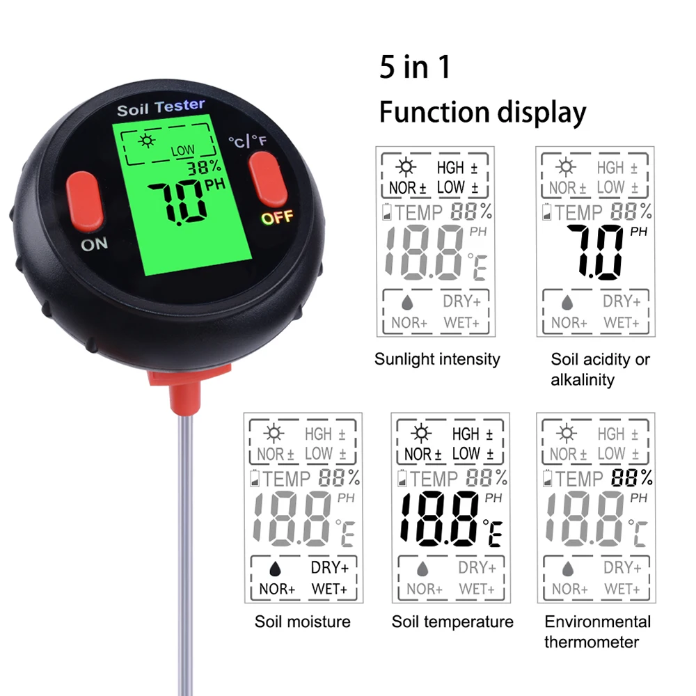 5-in-1 Moisture Meter Digital Soil pH Meter PH Levels Temperature Sunlight Intensity Humidity Tester Large Backlit LCD Display fabric tape measure