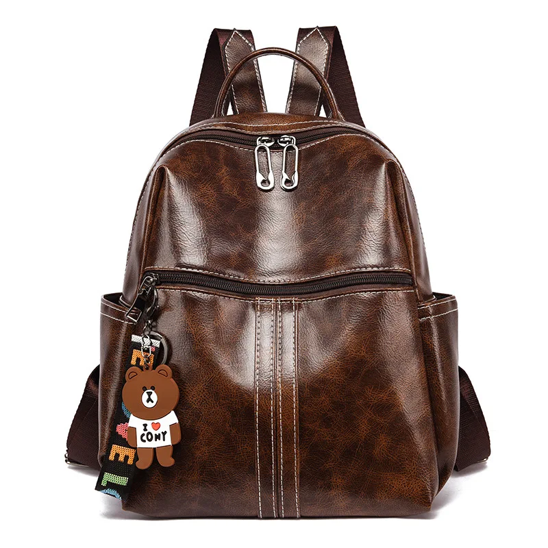 

New Thick Leather Women Backpack Bear Gadget Stitching Decoration Strong Unbroken Straps Vintage Brown Black Girls Famale Bags