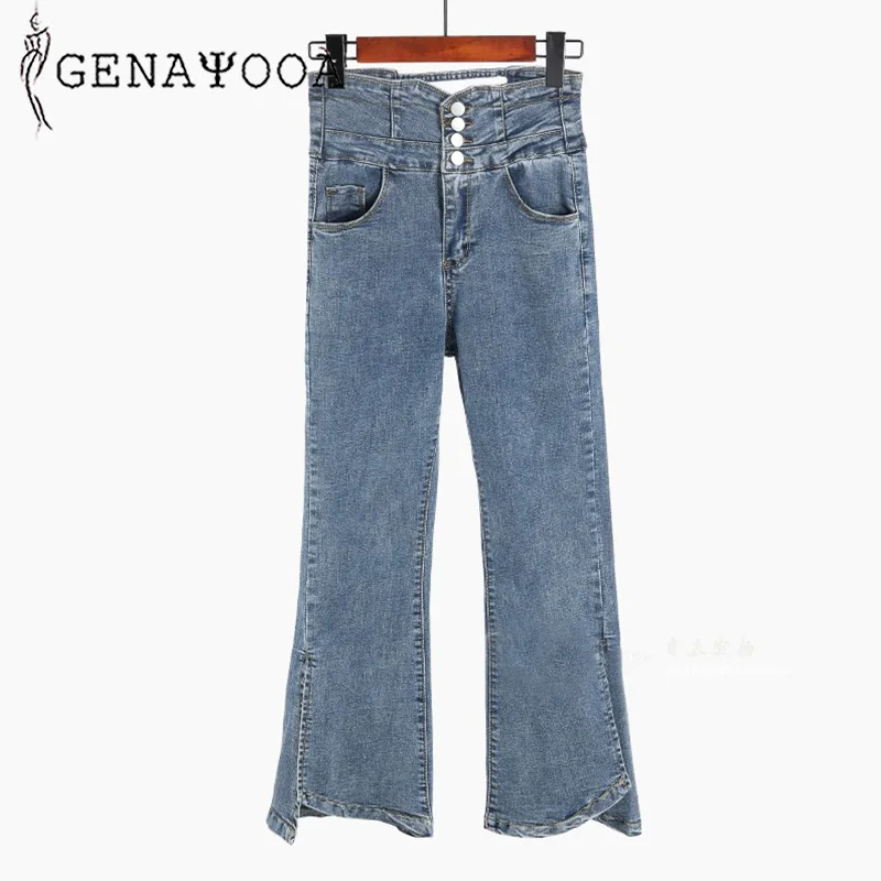 Navy Blue Genayooa/женские джинсы с высокой талией в Корейском стиле; джинсовые джинсы-клеш; винтажные узкие брюки с завышенной талией; раскол; - Цвет: Navy Blue